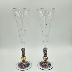 Vintage Hand-Painted Champagne Flutes Pair | Gold Rim Art Glass Harlequin Stem